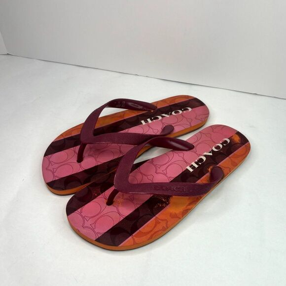 Coach Zack Multicolor Monogram Flip Flop Sandals Womens Comfy Pink Orange Stripe - Picture 5 of 10